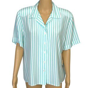 Haberdashery Petite Womens 16P Aqua Striped Button Up Short Sleeve‎ Blouse Shirt